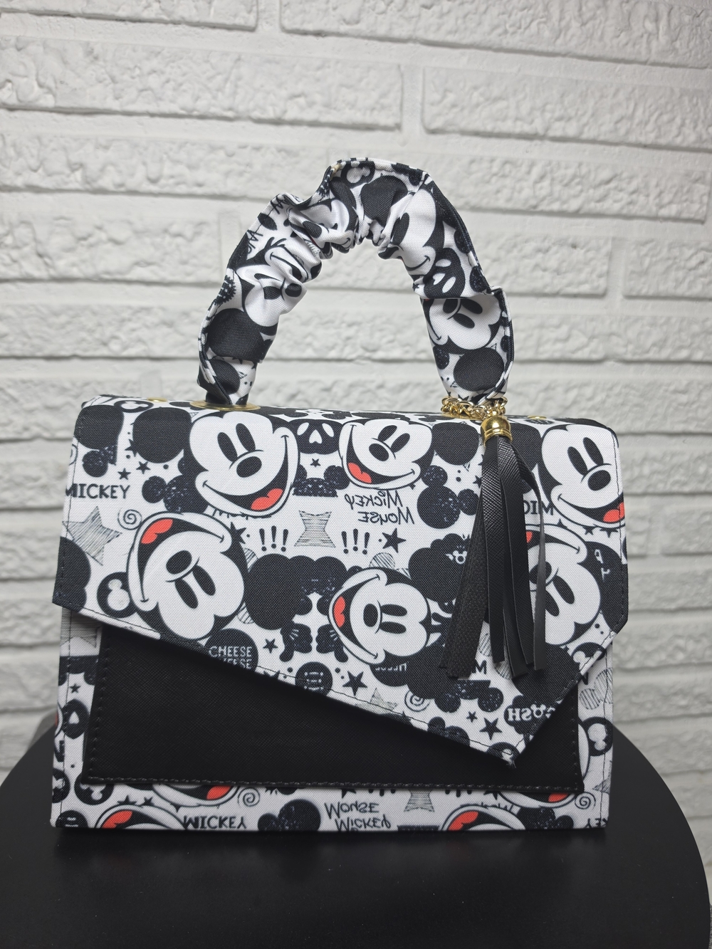 New 25cm Handamade Mickey Mouse Black & White Cartoon Print Top-Handle Satchel